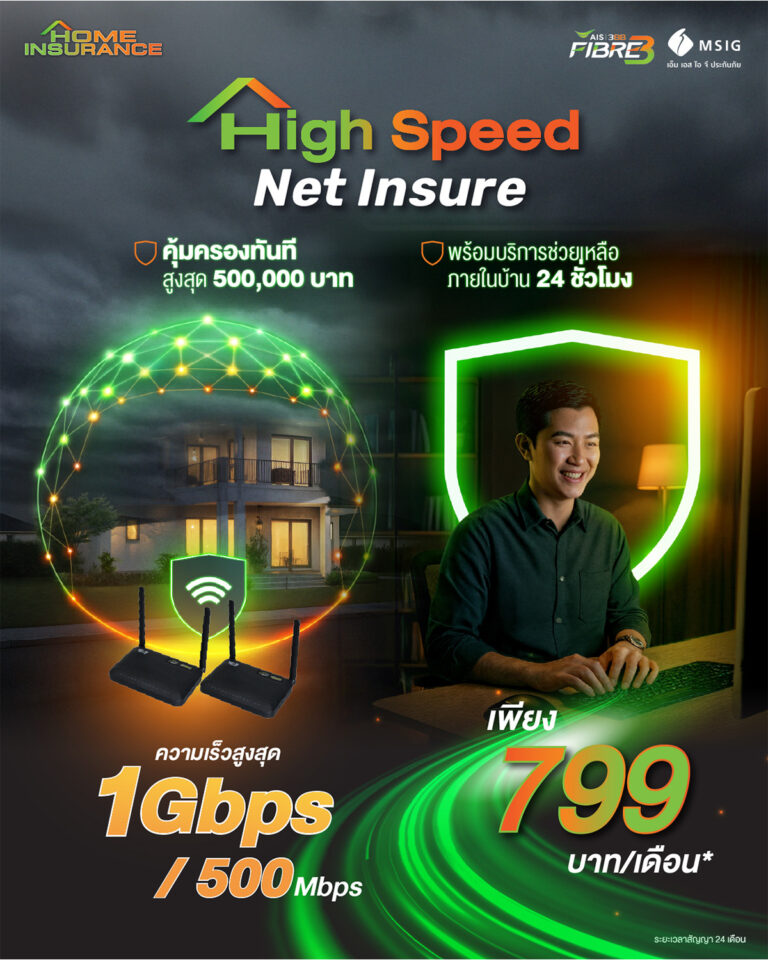 เน็ตบ้าน 1 Gbps/500 Mbps พร้อมประกันบ้าน ราคา 799 บาทต่อเดือน
