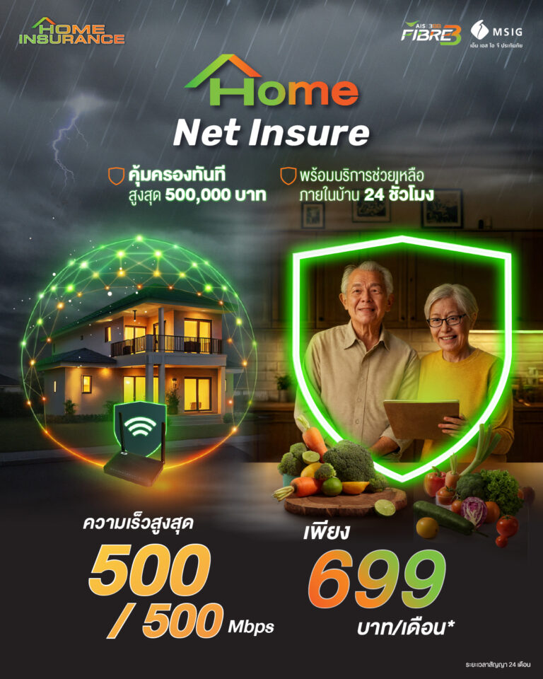 เน็ตบ้าน 500/500 Mbps พร้อมประกันบ้าน ราคา 699 บาทต่อเดือน