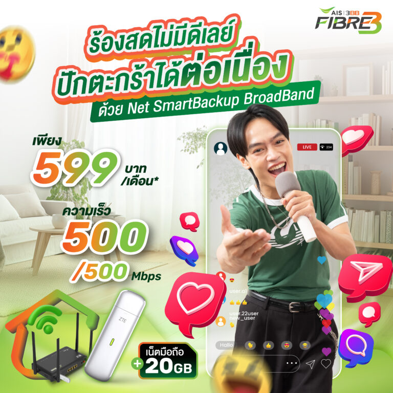 เน็ตบ้าน 500/500 Mbps พร้อมเน็ตสำรอง ราคา 599 บาทต่อเดือน